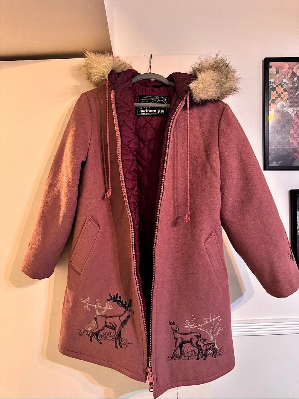 Northern Sun Vintage Embroidered Deer Motif Wool Parka Wool Parka in Pink